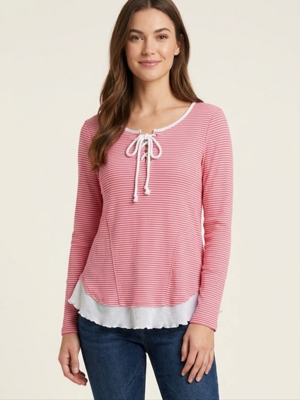 new directions Pink Striped Lace-Up Long Sleeve Top with White Hem. WS 78 - Picture 1 of 6